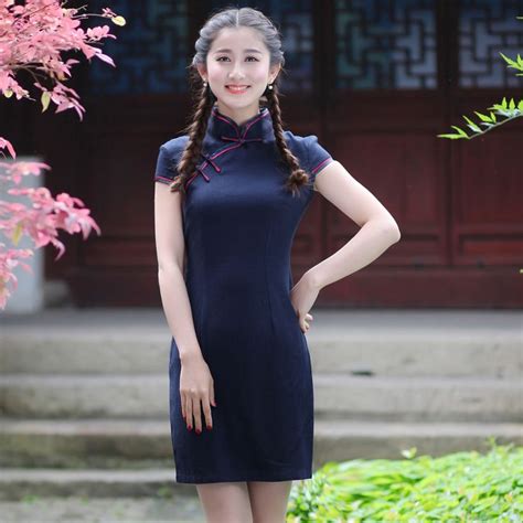 Navy Blue Traditional Chinese Women Short Qipao Dress Summer Cotton