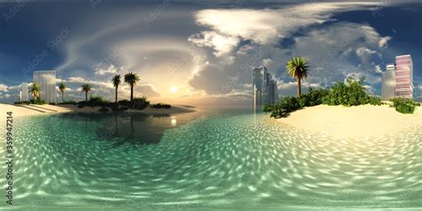 Beach With Palm Trees Of A Modern City Hdri Environment Map Round