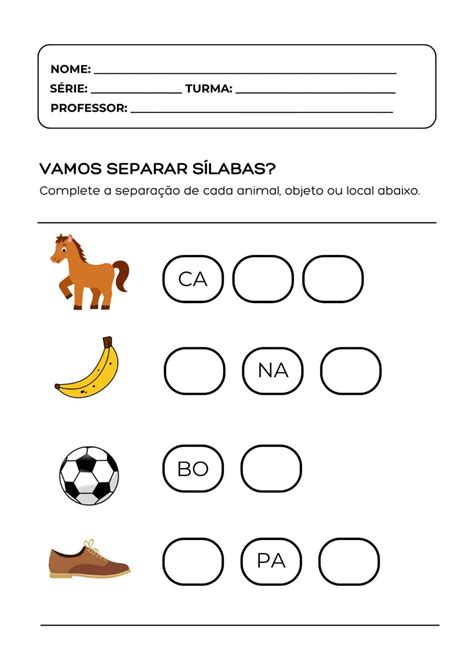 Atividade Separar Silabas - Atividades de Separação de Sílabas 2º, 3º e 4º Ano p/ Imprimir