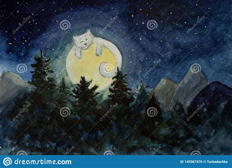 Fantasy Painting of a Cat on the Moon Over the Forest Stock Illustration - Illustration of ...