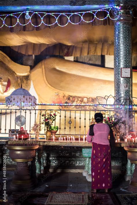 Buddhist Woman Praying Inside Sadan Cave Aka Saddar Caves Hpa An