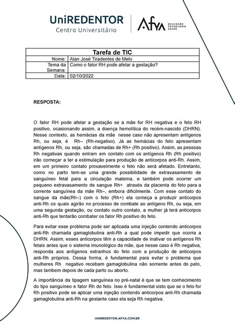 Atividade TICs Como o fator RH pode afetar a gestação Tarefa de TIC