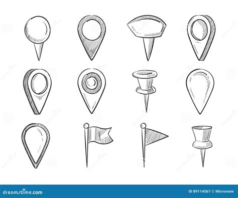 Hand Drawn Map Pointers Doodle Navigation Pins Vector Set Stock Vector