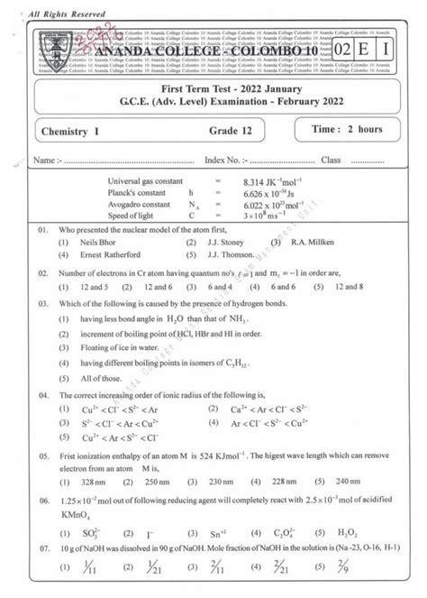 Chemistry Grade 12 Term Test Papers English Medium School Paper Bank