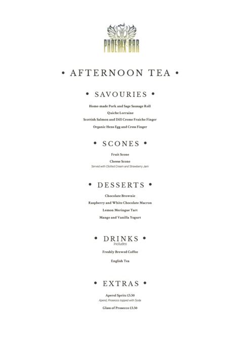 Afternoon Tea Menus Phoenix Bar