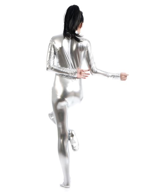 Faschingskost M Karneval Silber Zentai Anzug Gl Nzend Metallic Catsuit