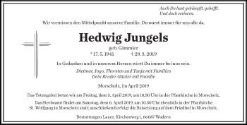 Traueranzeigen Von Hedwig Jungels Saarbruecker Zeitung Trauer De