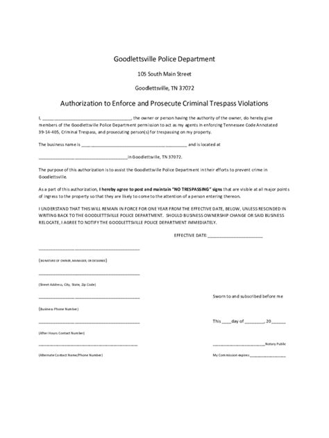 Fillable Online Goodlettsville Police Department Authorization To