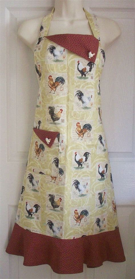 Country Farmhouse Apron Rooster Motif Retro Full Apron Chicken Apron Kitschnstyle