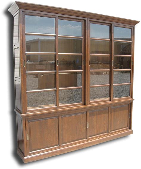 New Bookcase Solid Oak Wood Antique Finish Sliding Doors Glass Doors