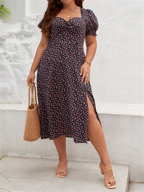 Shein Frenchy Plus Ditsy Floral Print Puff Sleeve Split Thigh Dress