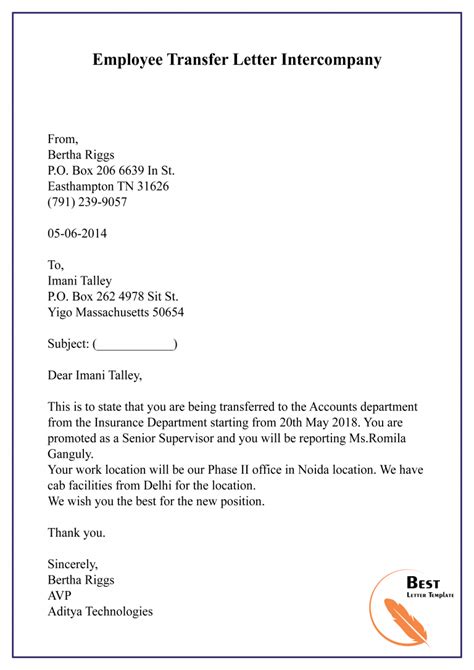 5 Free Transfer Letter For Employee Format Sample And Example