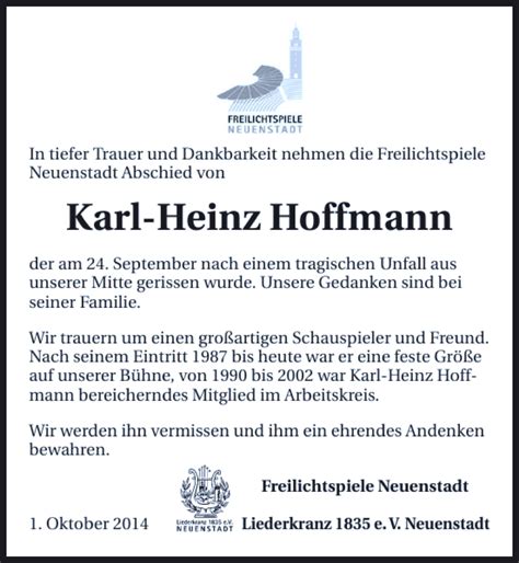 Traueranzeigen Von Karl Heinz Hoffmann Trauerundgedenken De