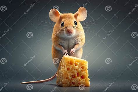 Cute Mouse Standing On Its Hind Legs Nibbling Cheese Wedge With Its