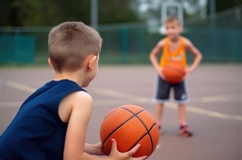 Vista Trasera De Dos Ni Os Jugando Baloncesto En Una Cancha Deportiva