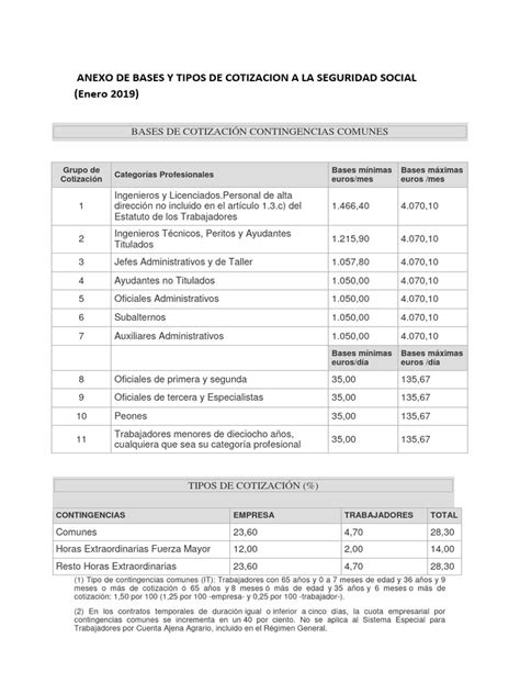 Anexo Bases Y Tipos Cotizacion A Ss Pdf Ética De Negocios Sueldos Y Salarios