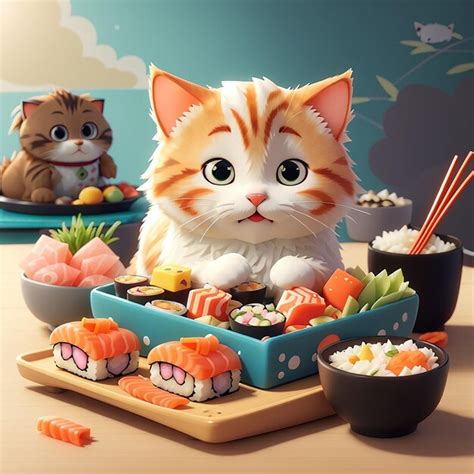 Premium Photo Cute Cat Eating Sushi Cartoon Vector Icon Illustration