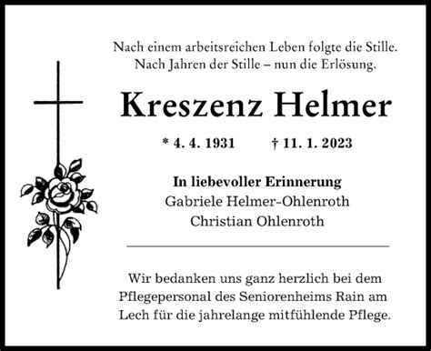 Traueranzeigen Von Kreszenz Helmer Augsburger Allgemeine Zeitung