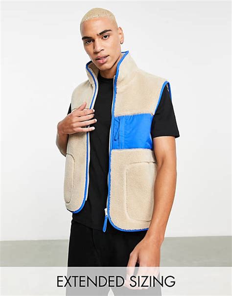 Asos Design Borg Gilet With Contrast Pocket In Stone Asos