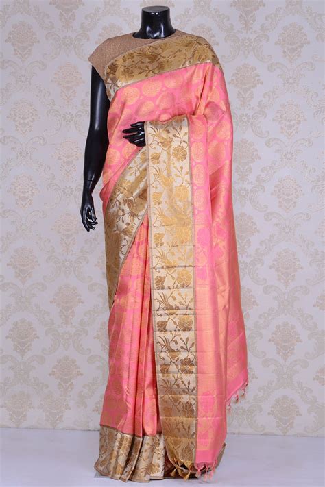 Salmon Pink And Gold Pure Zari Kanjivaram Silk Saree Pure Silk Sarees Saree Silk Sarees