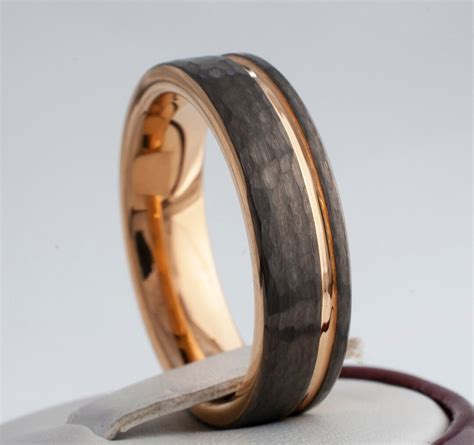 Gunmetal Tungsten Ring Rose Gold Wedding Band Hammered Light Black