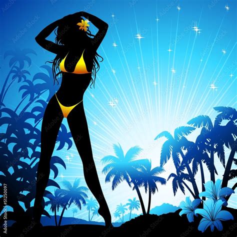 Sexy Girl Silhouette On Blue Tropics Ragazza In Costume Da Bagno Stock Vector Adobe Stock