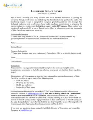 Fillable Online Webmedia Jcu Leadership Legacy Award Nomination Form