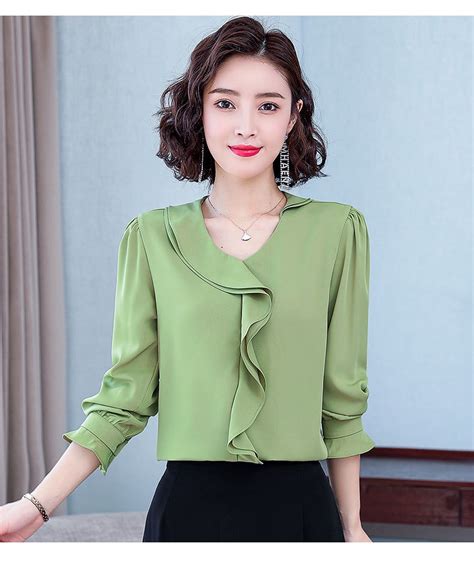 V Neck Chiffon Shirt Long Sleeve Top With Flounces On Luulla