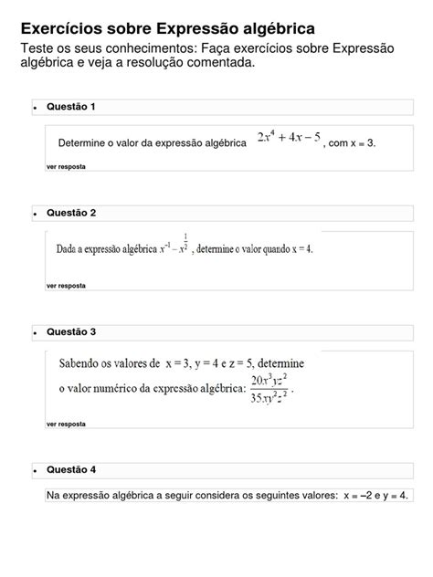 Exercicios De Expressao Algebrica - Exercícios de Expressão Algébrica | PDF