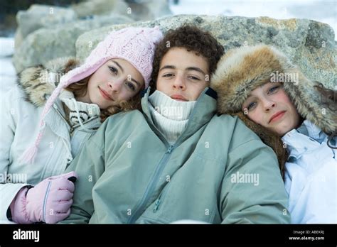 Young Friends Wearing Winter Clothing Portrait Stock Photo Alamy