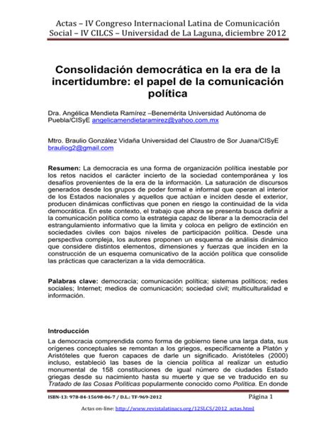 Consolidaci N Democr Tica En La Era De La Incertidumbre El Papel De La