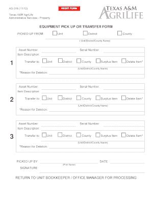 Fillable Online Agrilifeas Tamu Equipment Pick Up Or Transfer Form