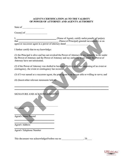 Vermont Agent S Certification As To The Validity Of Power Of Attorney