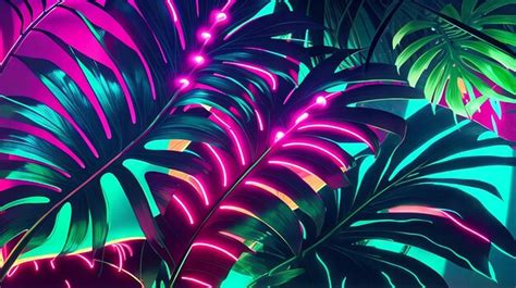 Premium Ai Image Tropical Palm Leaves Neon Lights