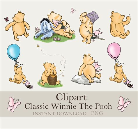 Classic Winnie the Pooh PNG Clipart Bundle, Printable, Instant Digital Download, Vintage Pooh ...