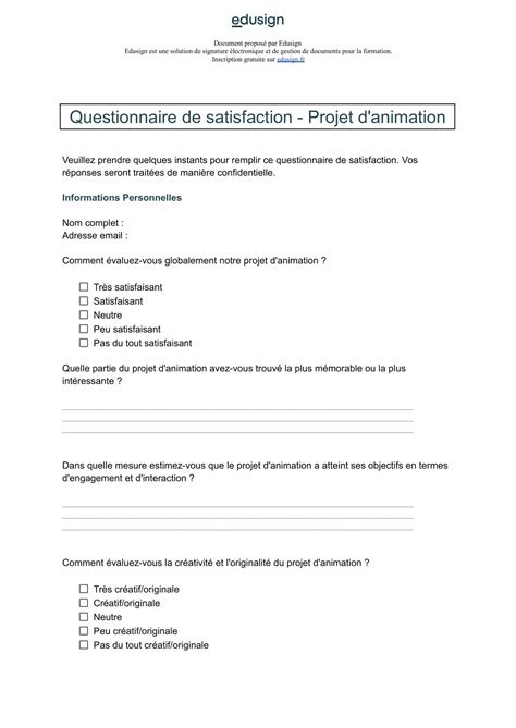 Modèle de questionnaire Projet d animation Edusign