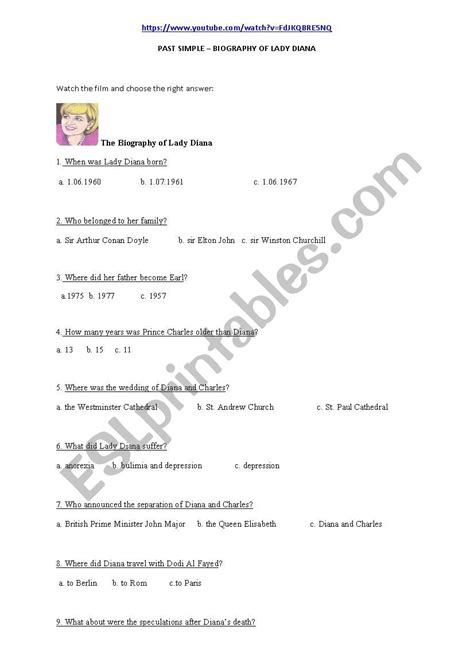 The Biography Of Lady Diana Esl Worksheet By Moni