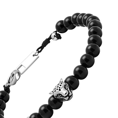 Bracelet Talisman Mm T Te De Tigre Acier Poli Et Perles Agates Noires