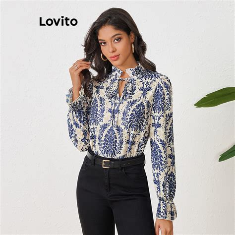 Lovito Blusa Feminina Casual Estampa Tribal Alface E Renda Lbl