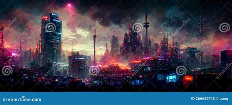 Cyberpunk City Landscape Made With Generative Ai Stock Illustration