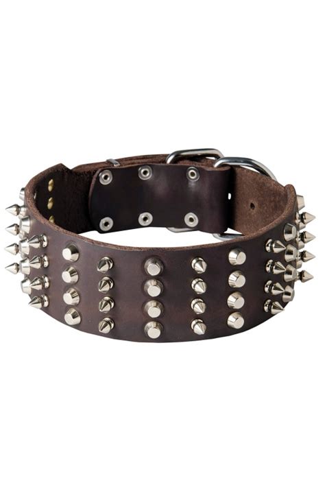 Extra Wide Spiked Leather Dog Collar with Spikes and Half Pyramids ...