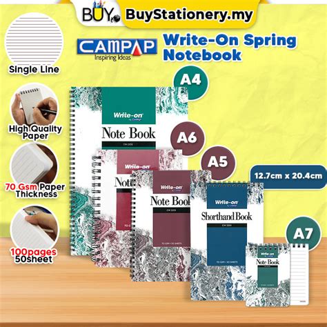 Campap Write On Spring A4 A5 A6 A7 Notebook Single Line 70gsm Paper