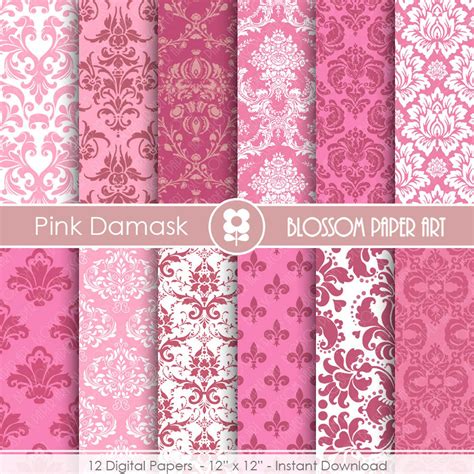 Damask Digital Paper Pink Damask Digital Paper Wedding Etsy