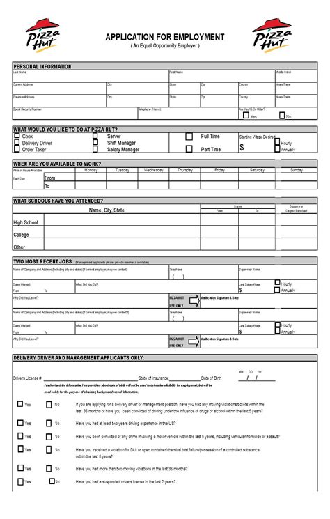 Pizza Hut Job Application Form Printable - Printable Forms Free Online