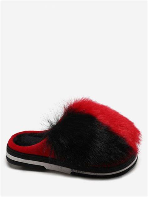 17 Off 2019 Contrast Color Flat Fuzzy Slippers In Red Dresslily