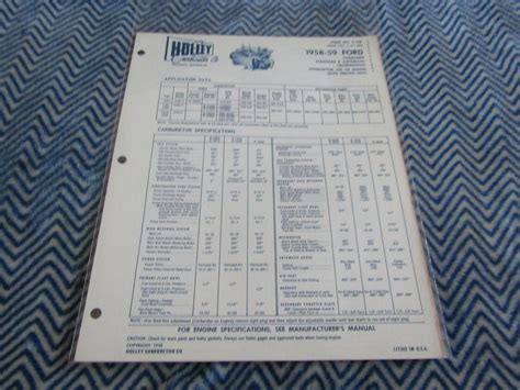 Holley Carburetor Data Spec Chart 1958 59 Ford 332 Cid V8 Interceptor Passenger Ebay