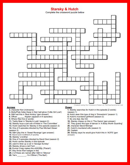 December Th Starsky Hutch Crossword Puzzle By J J Starsky Hutch