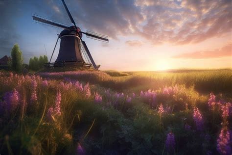 Netherland windmill beauty sunset. Generate Ai