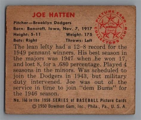 1950 Bowman Baseball Joe Hatten 166 Brooklyn Dodgers VG EX EBay