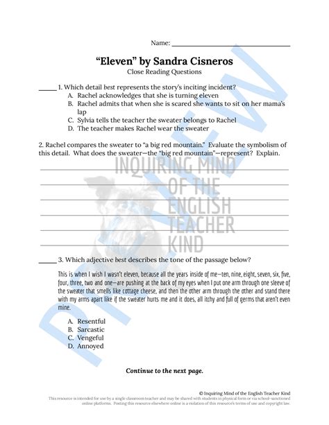 Eleven By Sandra Cisneros Close Reading Worksheet Teaching Resources